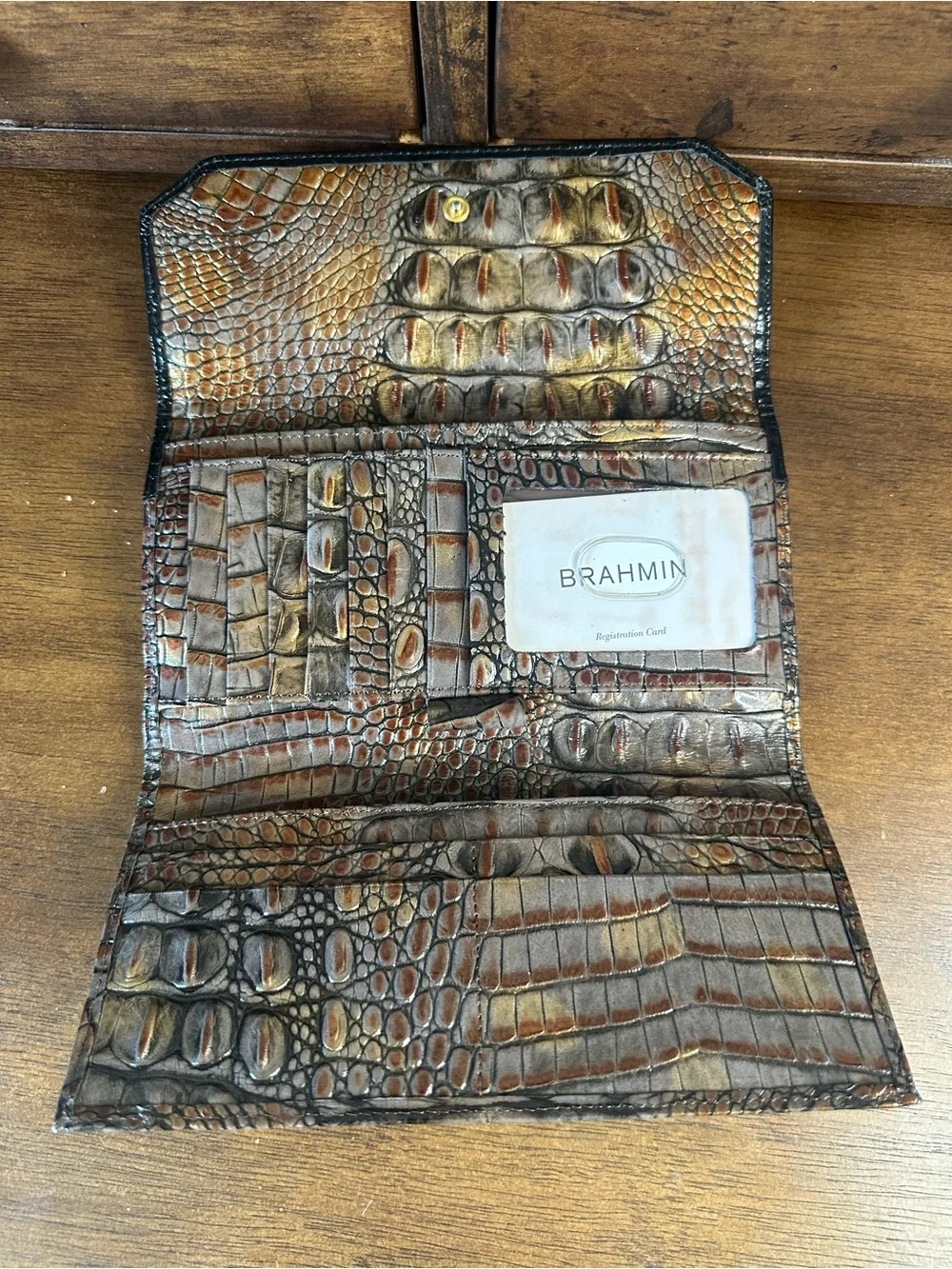 Brahmin Bronze Croc-Embossed Trifold Wallet